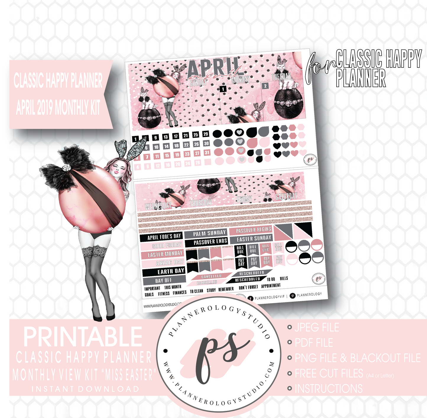 Miss Easter April 2019 Monthly View Kit Digital Printable Planner Stickers (for use with Classic Happy Planner) - Plannerologystudio