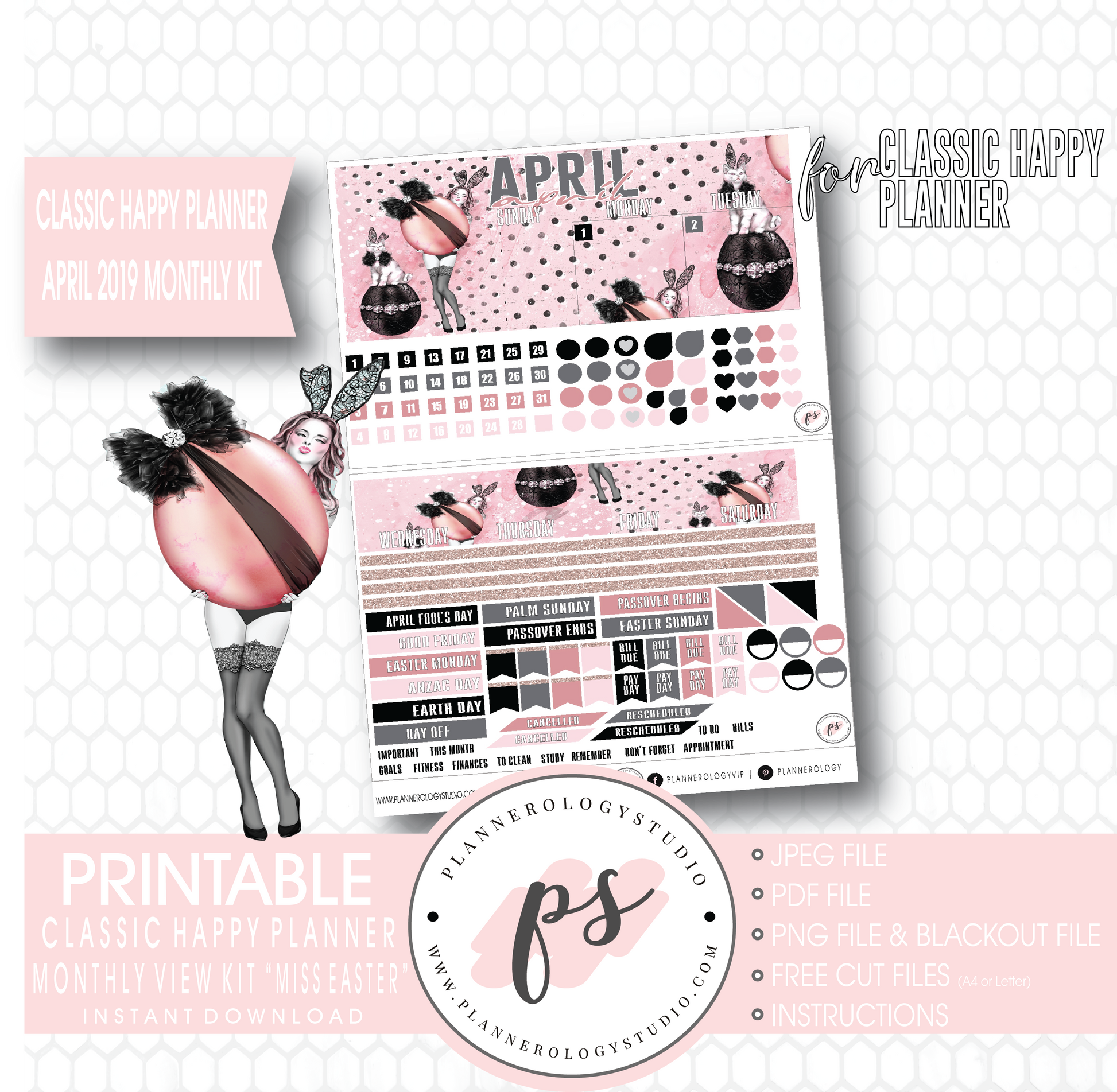 Miss Easter April 2019 Monthly View Kit Digital Printable Planner Stickers (for use with Classic Happy Planner) - Plannerologystudio