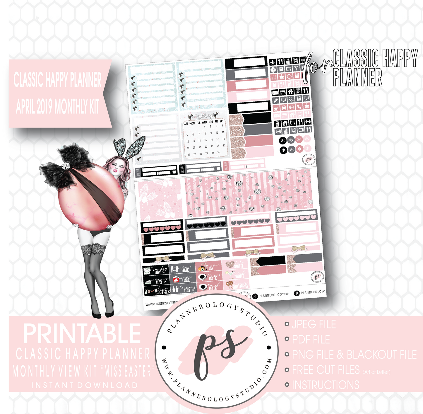 Miss Easter April 2019 Monthly View Kit Digital Printable Planner Stickers (for use with Classic Happy Planner) - Plannerologystudio