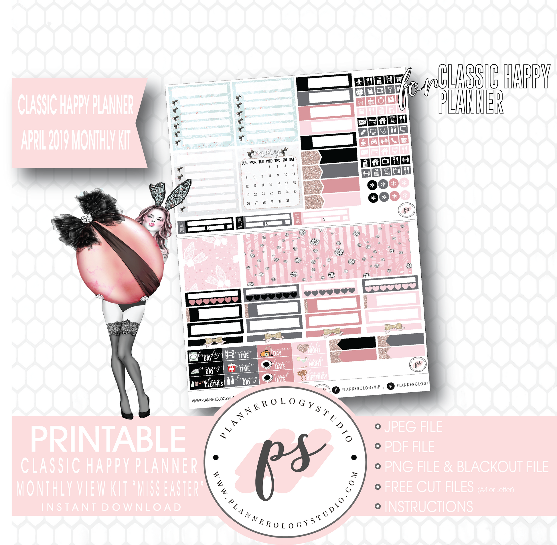 Miss Easter April 2019 Monthly View Kit Digital Printable Planner Stickers (for use with Classic Happy Planner) - Plannerologystudio