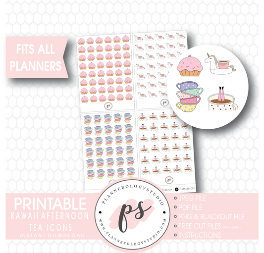 Cute Kawaii Afternoon Tea (Cake, Coffee, Tea) Icons Digital Printable Planner Stickers - Plannerologystudio