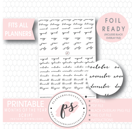 Months of the Year (January to December) Script Digital Printable Planner Stickers (Foil Ready) - Plannerologystudio