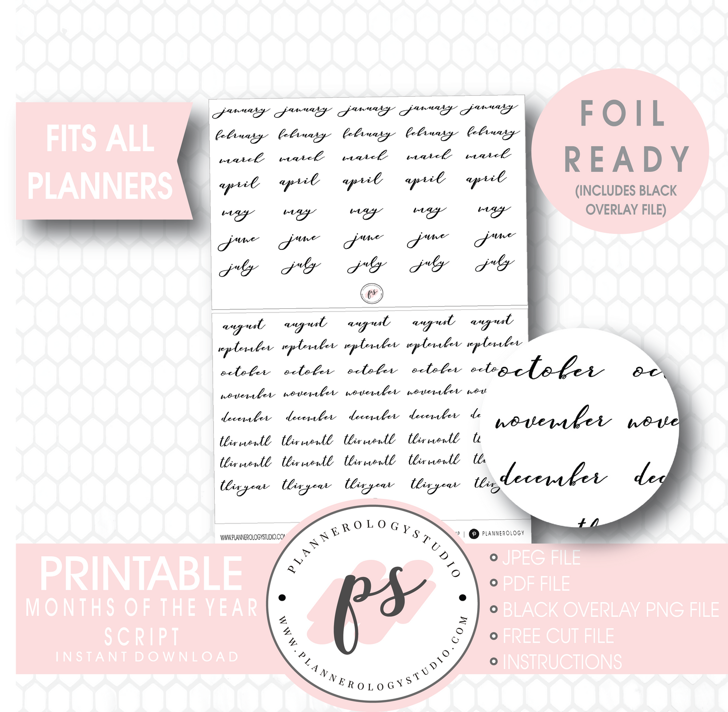 Months of the Year (January to December) Script Digital Printable Planner Stickers (Foil Ready) - Plannerologystudio