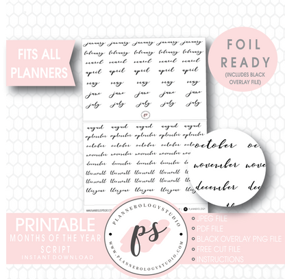 Months of the Year (January to December) Script Digital Printable Planner Stickers (Foil Ready) - Plannerologystudio