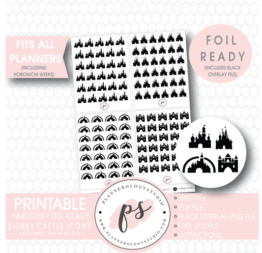 Various Disney Castle Inspired Icon Digital Printable Hobonichi Weeks Planner Stickers (Foil Ready) - Plannerologystudio