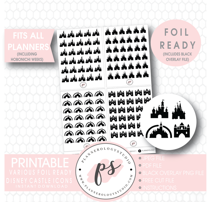 Various Disney Castle Inspired Icon Digital Printable Hobonichi Weeks Planner Stickers (Foil Ready) - Plannerologystudio
