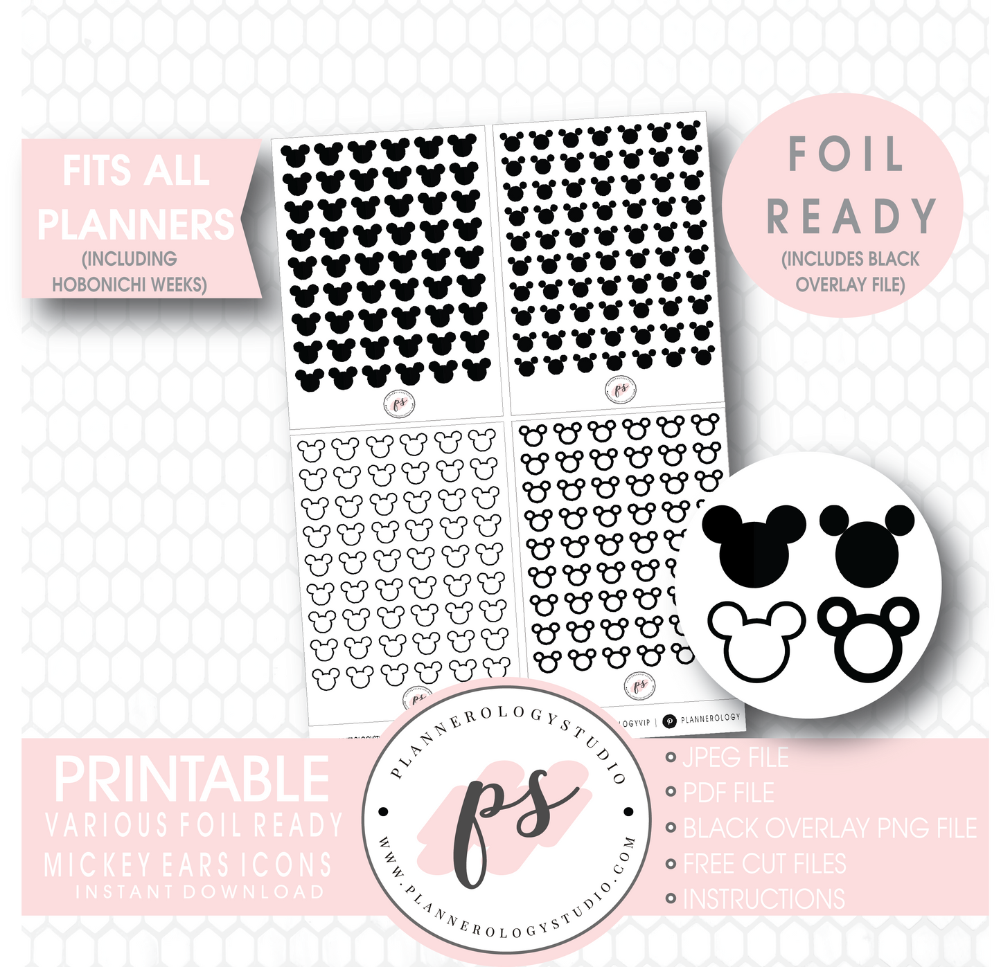 Various Disney Mickey Mouse Ears Inspired Icon Digital Printable Hobonichi Weeks Planner Stickers (Foil Ready) - Plannerologystudio