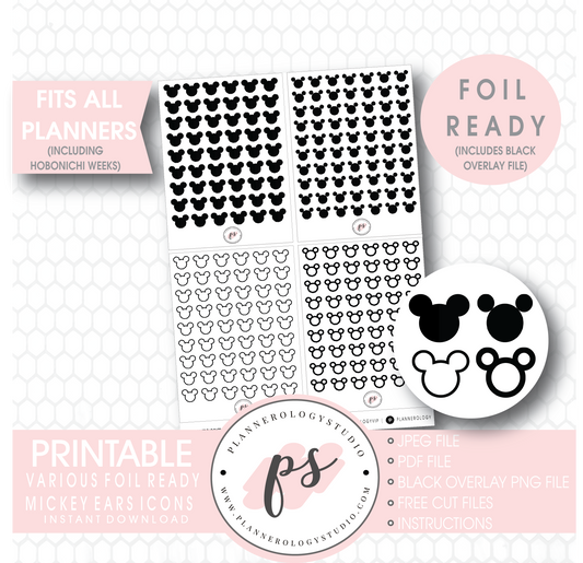 Various Disney Mickey Mouse Ears Inspired Icon Digital Printable Hobonichi Weeks Planner Stickers (Foil Ready) - Plannerologystudio