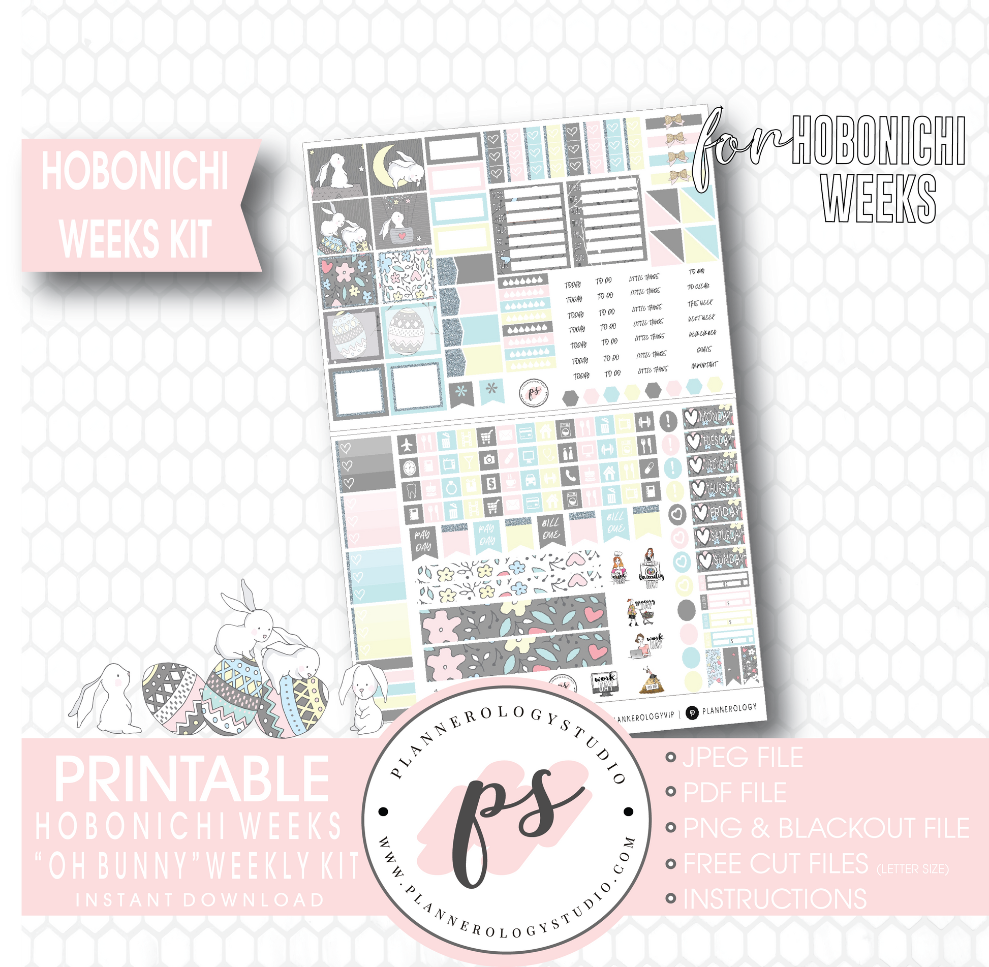 Oh Bunny (Easter) Weekly Kit Printable Digital Planner Stickers (for use with Hobonichi Weeks) - Plannerologystudio