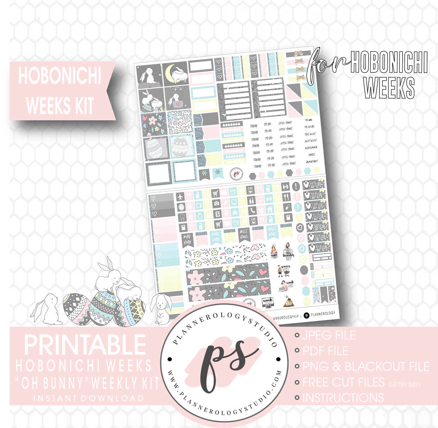 Oh Bunny (Easter) Weekly Kit Printable Digital Planner Stickers (for use with Hobonichi Weeks) - Plannerologystudio