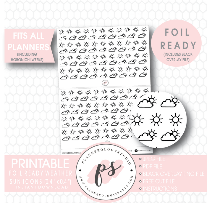 Weather (Suns) Icon Digital Printable Hobonichi Weeks Planner Stickers (Foil Ready) - Plannerologystudio