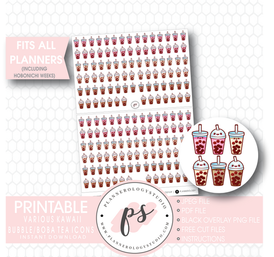 Cute Kawaii Bubble Tea/Boba Tea Icons Digital Printable Planner Stickers - Plannerologystudio
