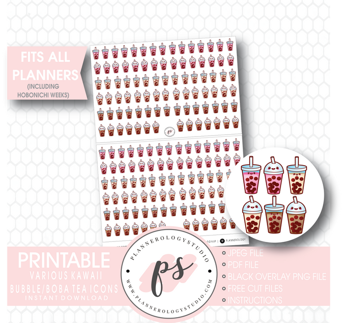 Cute Kawaii Bubble Tea/Boba Tea Icons Digital Printable Planner Stickers - Plannerologystudio