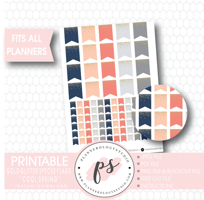 "Cool Spring" Gold Glitter Specks Flags Printable Planner Stickers - Plannerologystudio