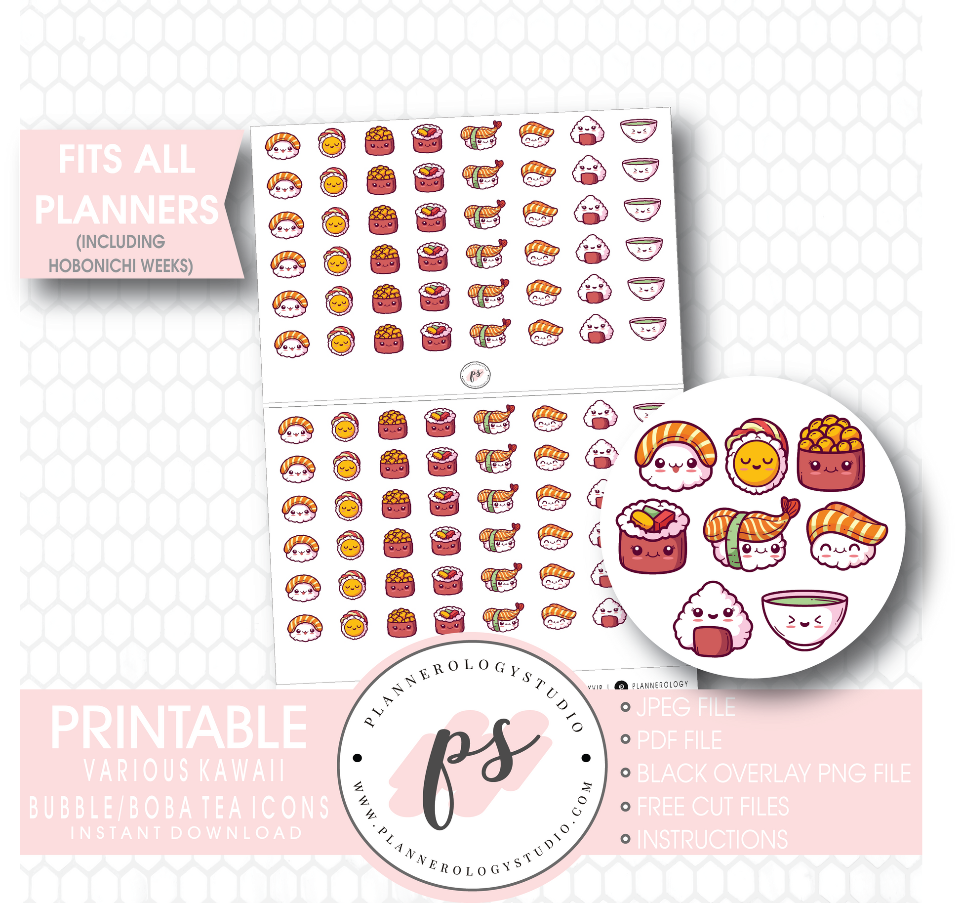Cute Kawaii Sushi Icons Digital Printable Planner Stickers - Plannerologystudio