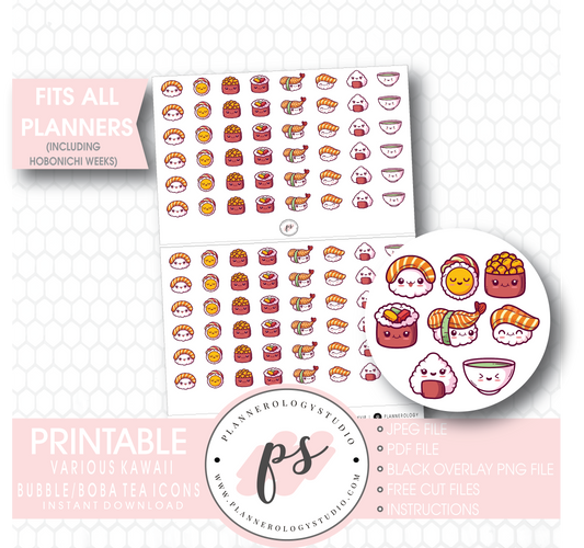 Cute Kawaii Sushi Icons Digital Printable Planner Stickers - Plannerologystudio