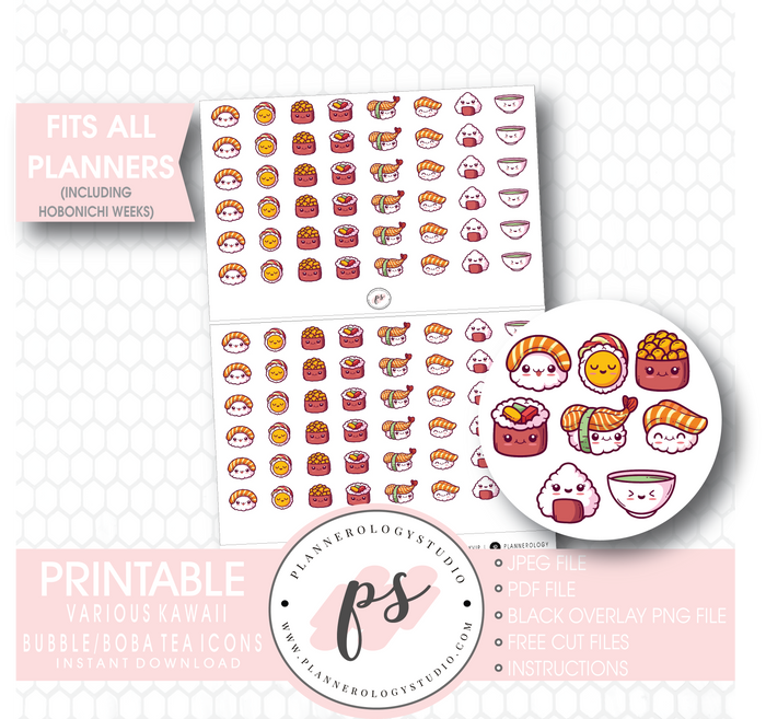 Cute Kawaii Sushi Icons Digital Printable Planner Stickers - Plannerologystudio