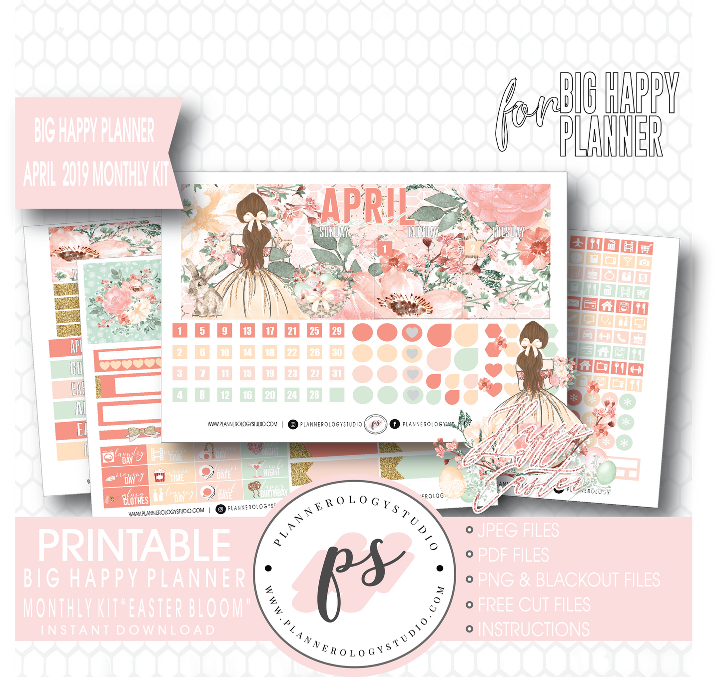 Easter Bloom April 2019 Monthly View Kit Digital Printable Planner Stickers (for use with Big Happy Planner) - Plannerologystudio