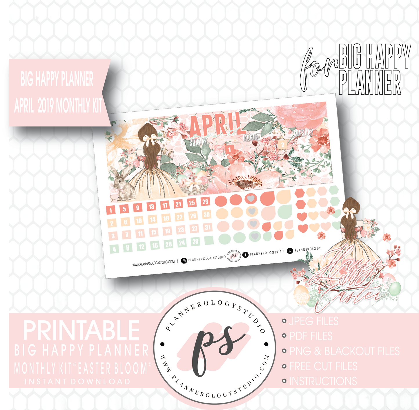 Easter Bloom April 2019 Monthly View Kit Digital Printable Planner Stickers (for use with Big Happy Planner) - Plannerologystudio