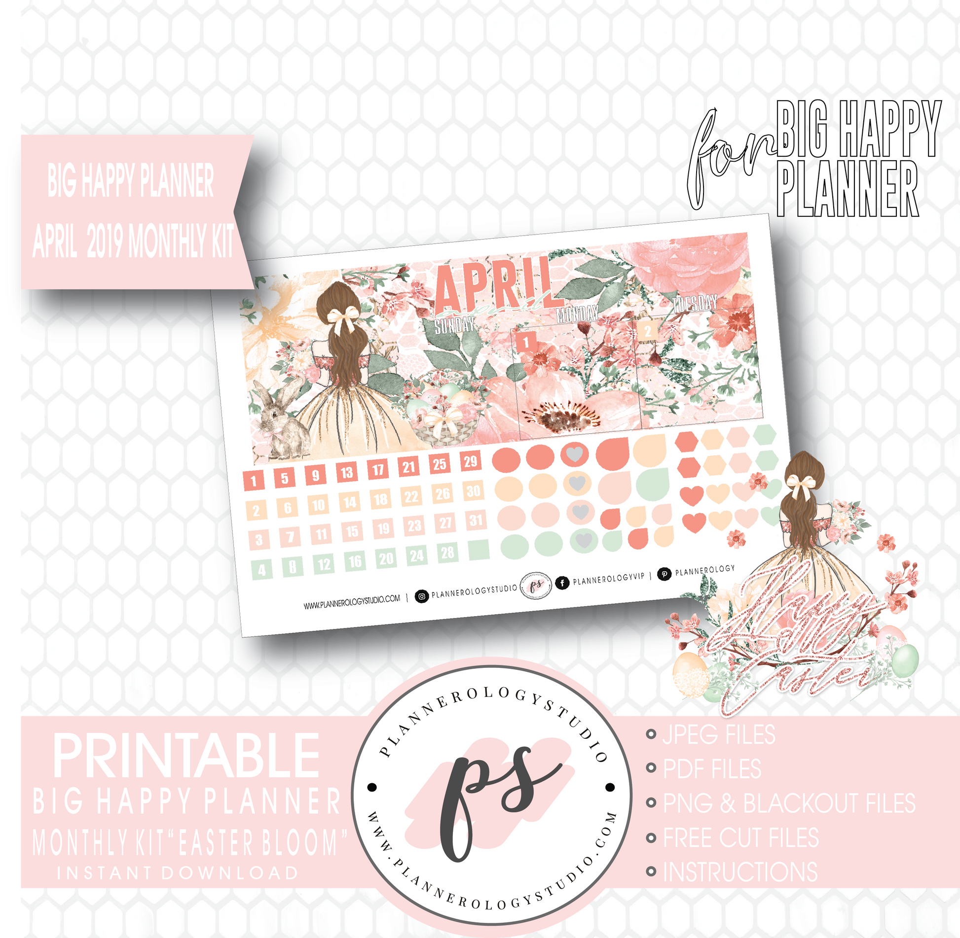 Easter Bloom April 2019 Monthly View Kit Digital Printable Planner Stickers (for use with Big Happy Planner) - Plannerologystudio