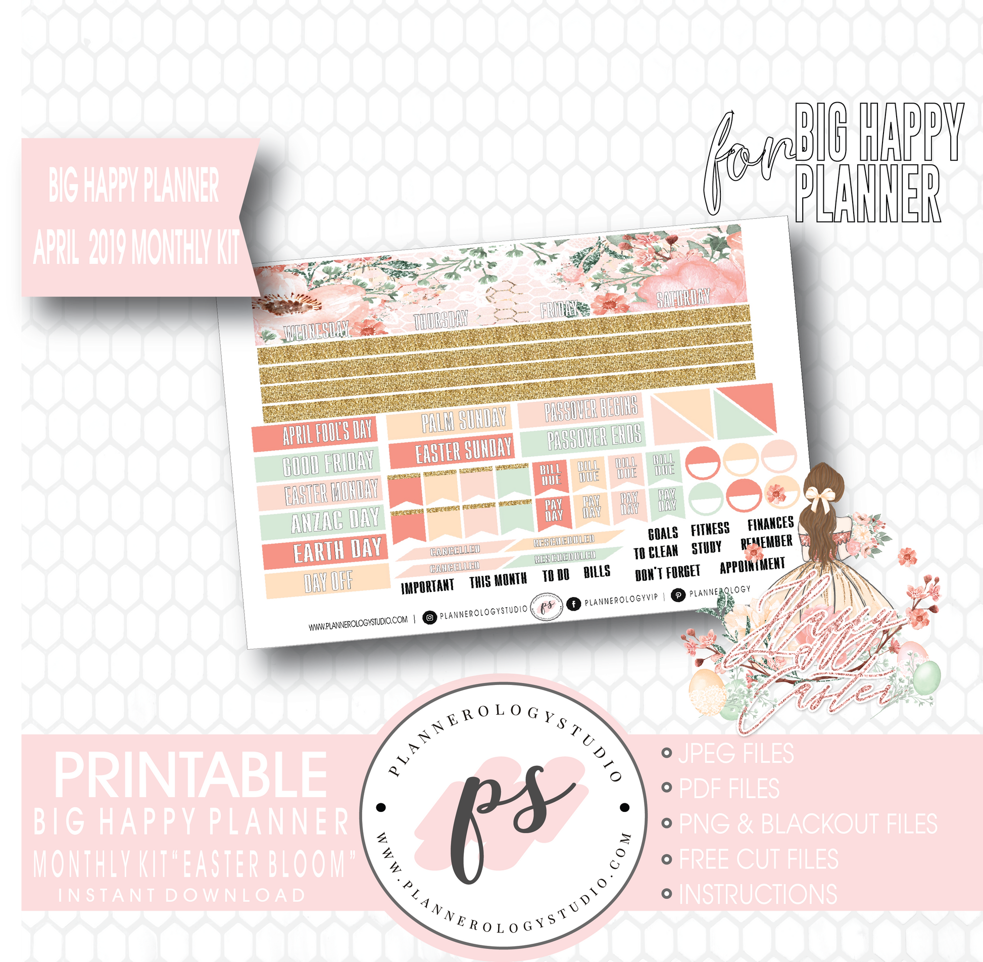 Easter Bloom April 2019 Monthly View Kit Digital Printable Planner Stickers (for use with Big Happy Planner) - Plannerologystudio