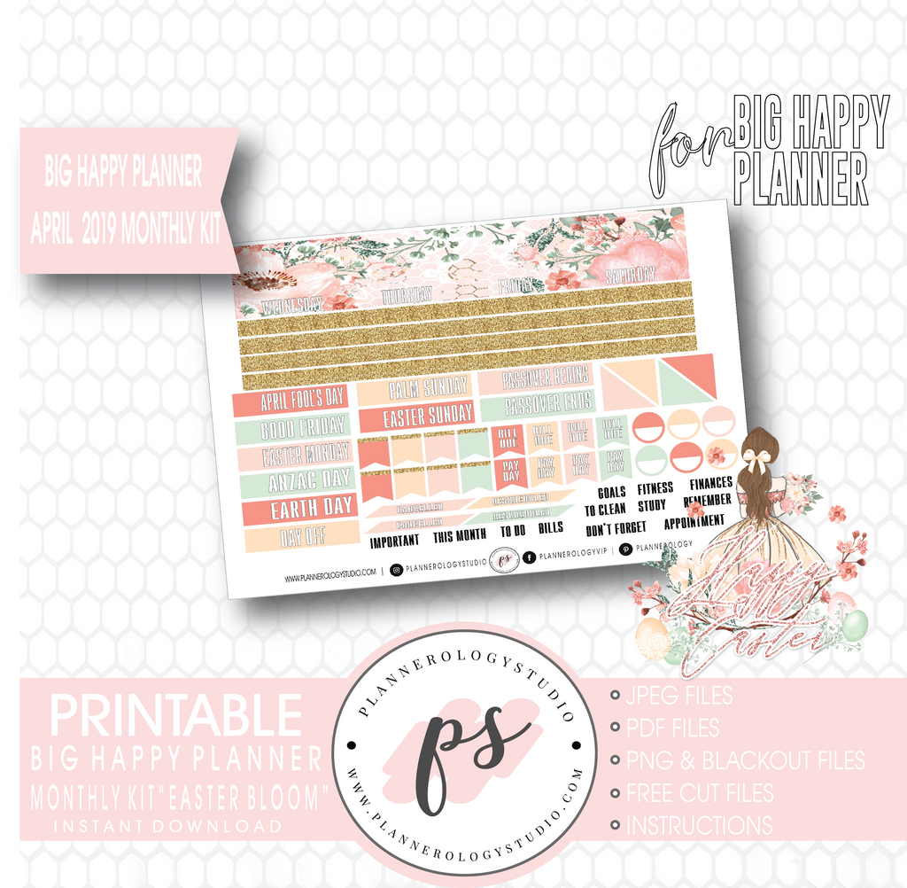 Easter Bloom April 2019 Monthly View Kit Digital Printable Planner Stickers (for use with Big Happy Planner) - Plannerologystudio