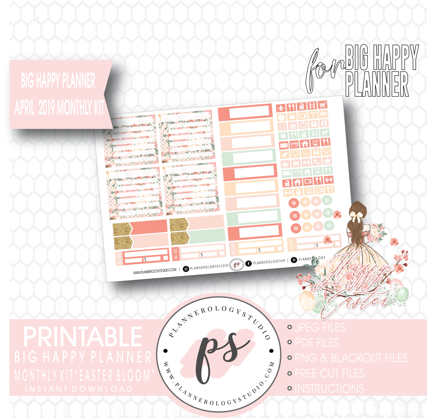 Easter Bloom April 2019 Monthly View Kit Digital Printable Planner Stickers (for use with Big Happy Planner) - Plannerologystudio