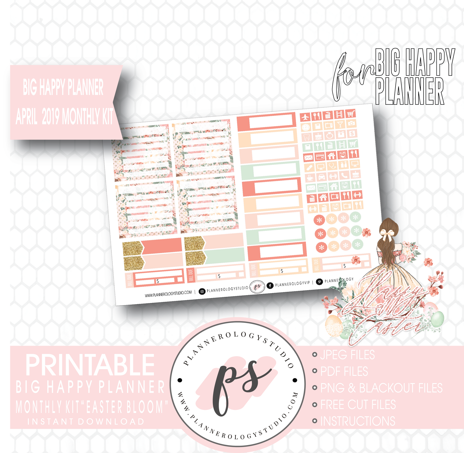 Easter Bloom April 2019 Monthly View Kit Digital Printable Planner Stickers (for use with Big Happy Planner) - Plannerologystudio