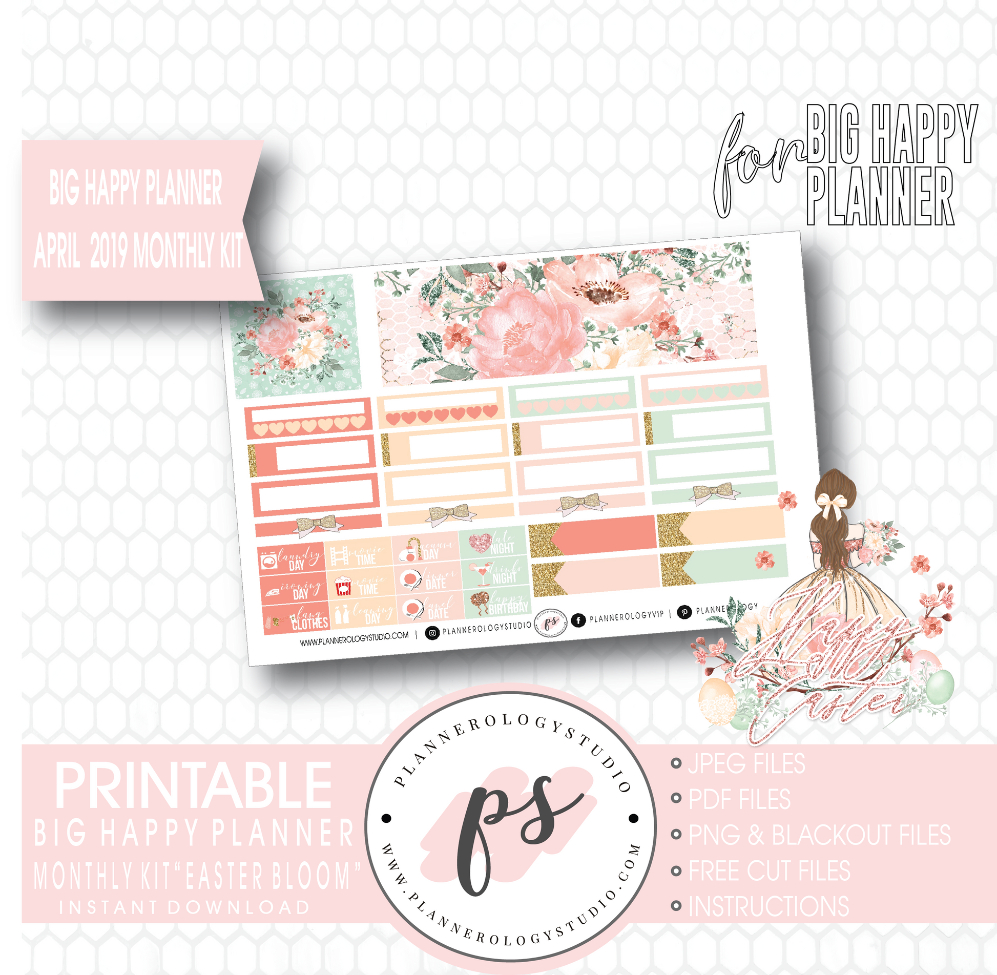 Easter Bloom April 2019 Monthly View Kit Digital Printable Planner Stickers (for use with Big Happy Planner) - Plannerologystudio