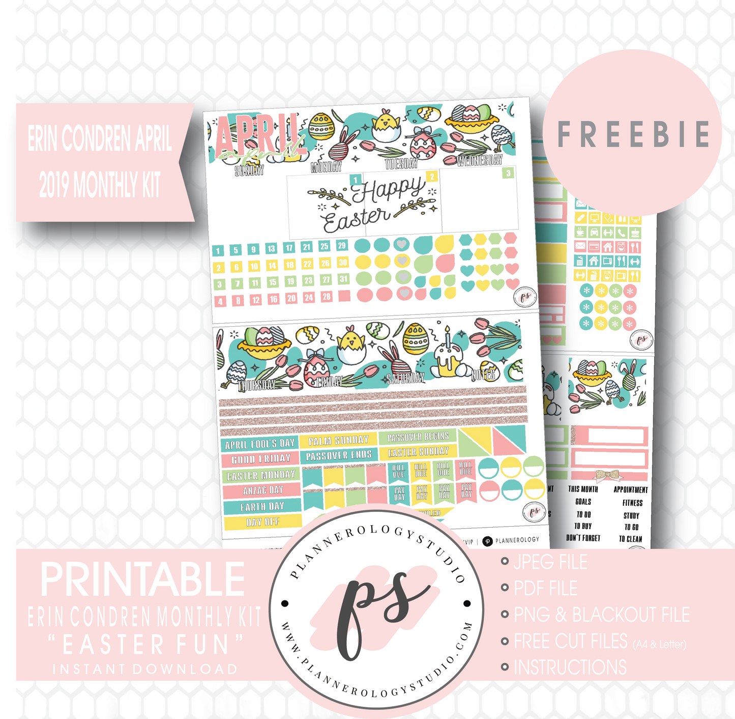 Easter Fun ECLP Erin Condren April 2019 Monthly Kit Digital Printable Planner Stickers (PDF/JPG/PNG/Cut File Freebie) - Plannerologystudio