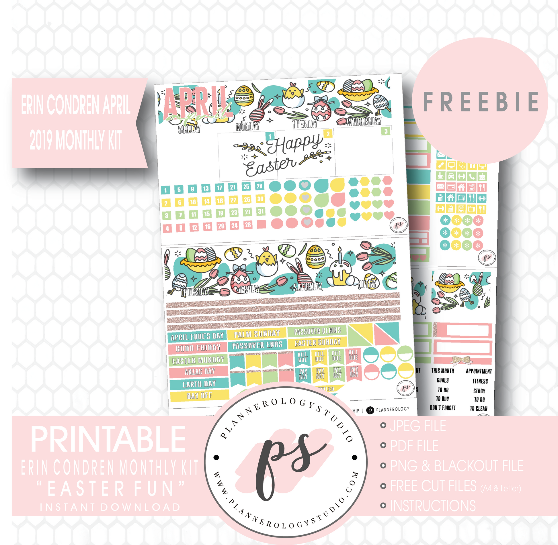 Easter Fun ECLP Erin Condren April 2019 Monthly Kit Digital Printable Planner Stickers (PDF/JPG/PNG/Cut File Freebie) - Plannerologystudio