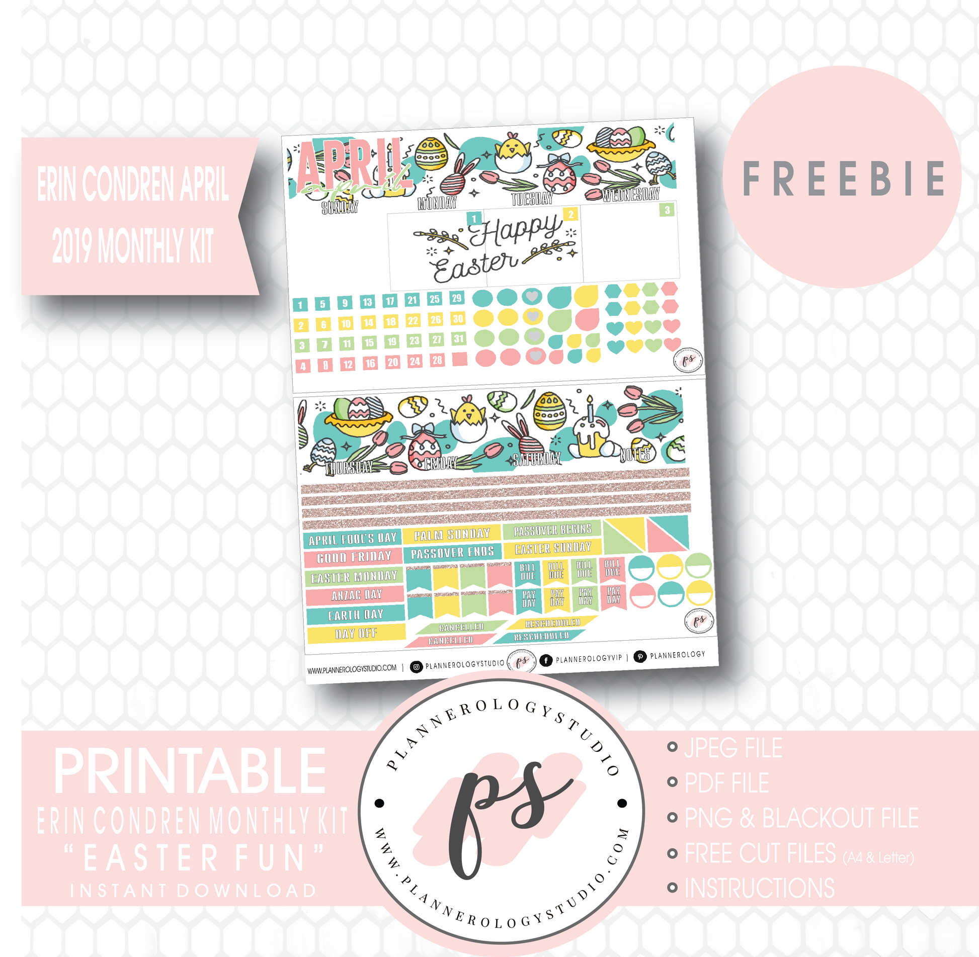 Easter Fun ECLP Erin Condren April 2019 Monthly Kit Digital Printable Planner Stickers (PDF/JPG/PNG/Cut File Freebie) - Plannerologystudio
