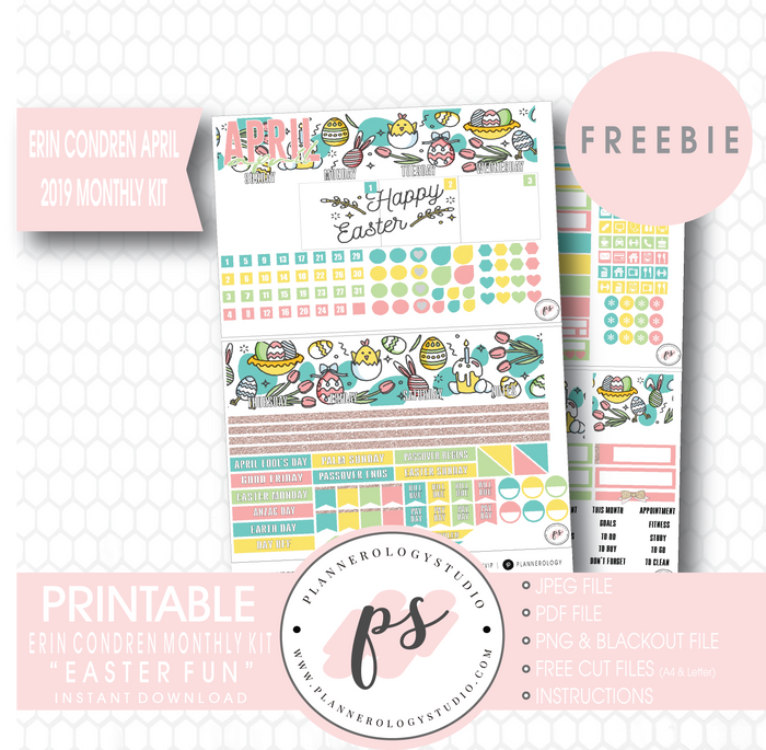 Easter Fun ECLP Erin Condren April 2019 Monthly Kit Digital Printable Planner Stickers (PDF/JPG/PNG/Cut File Freebie) - Plannerologystudio