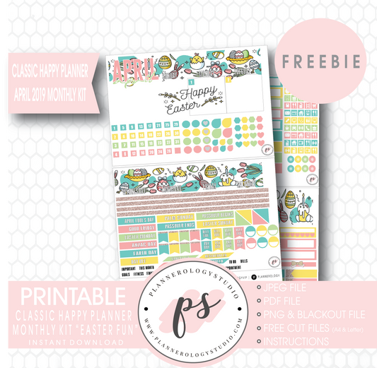 Easter Fun Classic Happy Planner April 2019 Monthly Kit Digital Printable Planner Stickers (PDF/JPG/PNG/Cut File Freebie) - Plannerologystudio