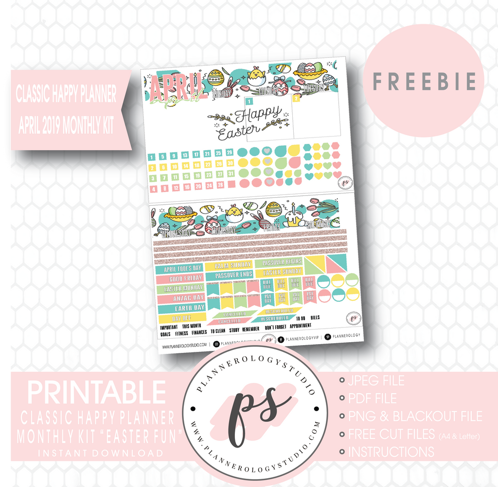 Easter Fun Classic Happy Planner April 2019 Monthly Kit Digital Printable Planner Stickers (PDF/JPG/PNG/Cut File Freebie) - Plannerologystudio