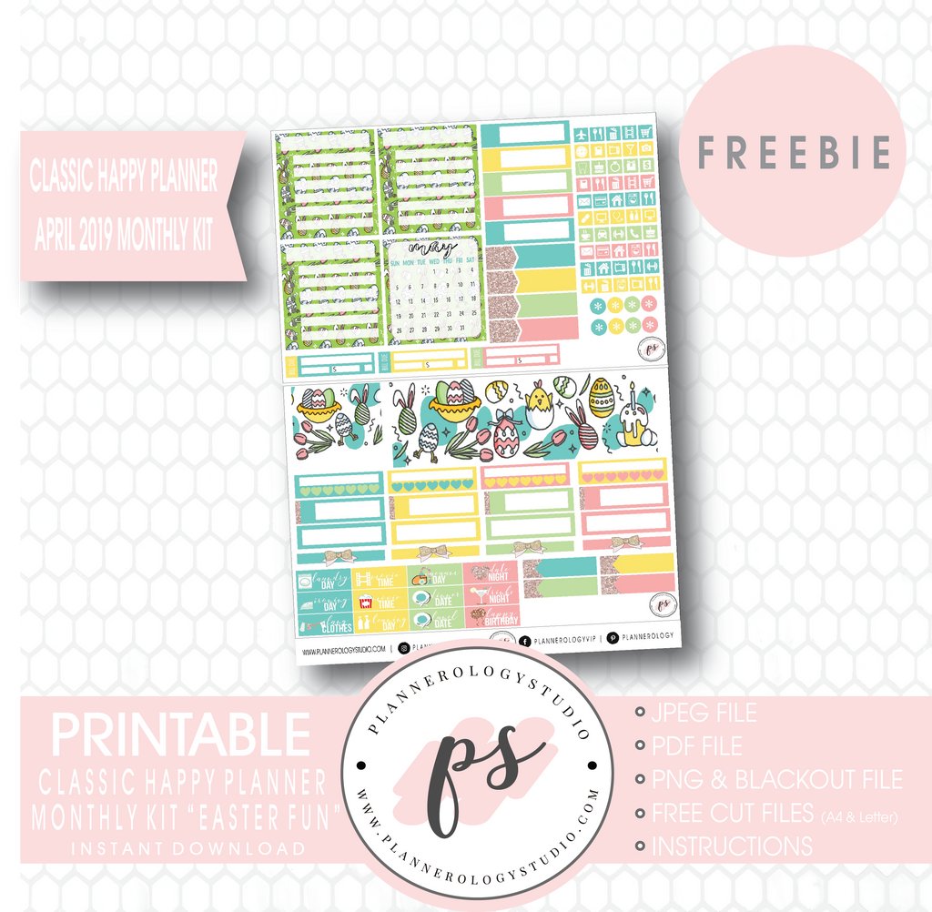 Easter Fun Classic Happy Planner April 2019 Monthly Kit Digital Printable Planner Stickers (PDF/JPG/PNG/Cut File Freebie) - Plannerologystudio