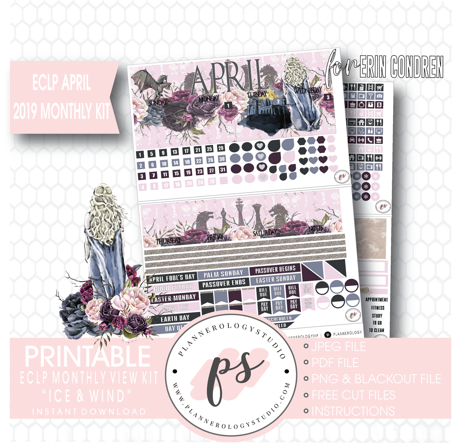 Ice & Wind (Game of Thrones) April 2019 Monthly View Kit Digital Printable Planner Stickers (for use with Erin Condren) - Plannerologystudio