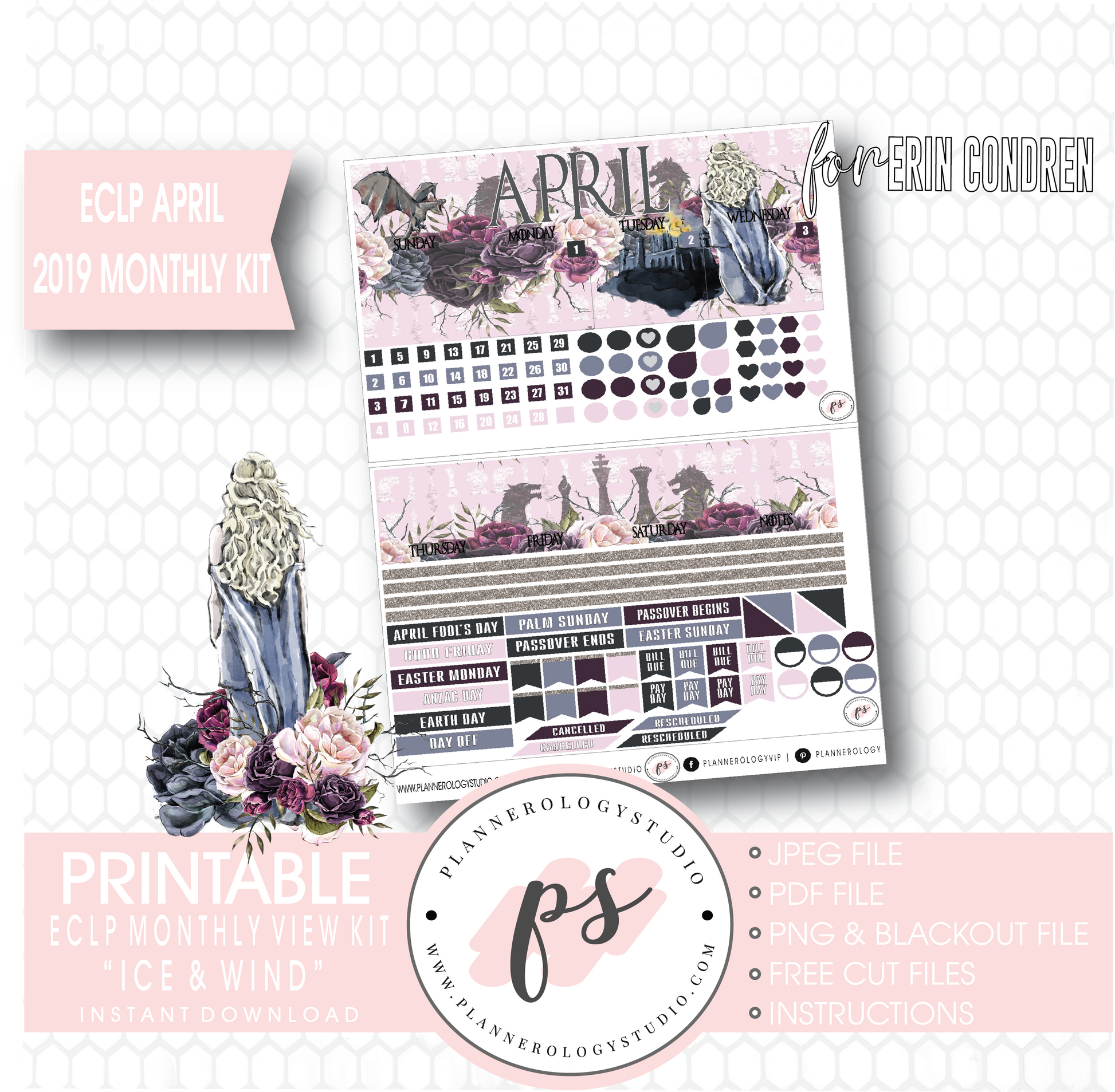 Ice & Wind (Game of Thrones) April 2019 Monthly View Kit Digital Printable Planner Stickers (for use with Erin Condren) - Plannerologystudio