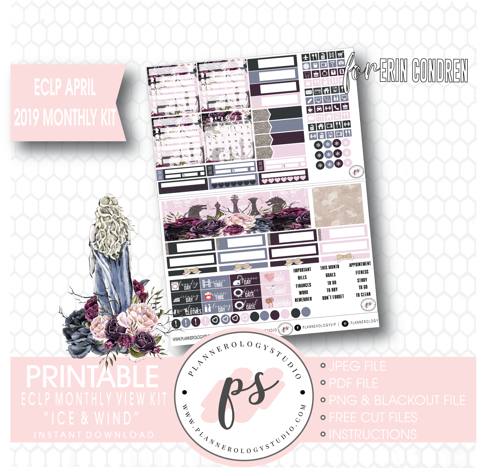 Ice & Wind (Game of Thrones) April 2019 Monthly View Kit Digital Printable Planner Stickers (for use with Erin Condren) - Plannerologystudio