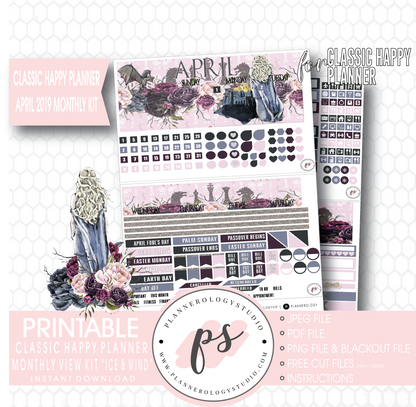 Ice & Wind (Game of Thrones) April 2019 Monthly View Kit Digital Printable Planner Stickers (for use with Classic Happy Planner) - Plannerologystudio