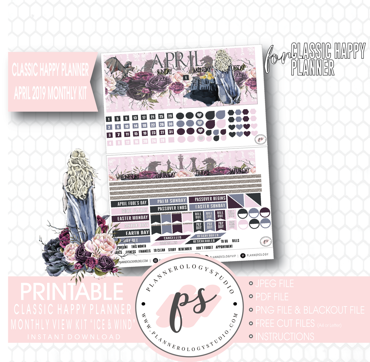 Ice & Wind (Game of Thrones) April 2019 Monthly View Kit Digital Printable Planner Stickers (for use with Classic Happy Planner) - Plannerologystudio