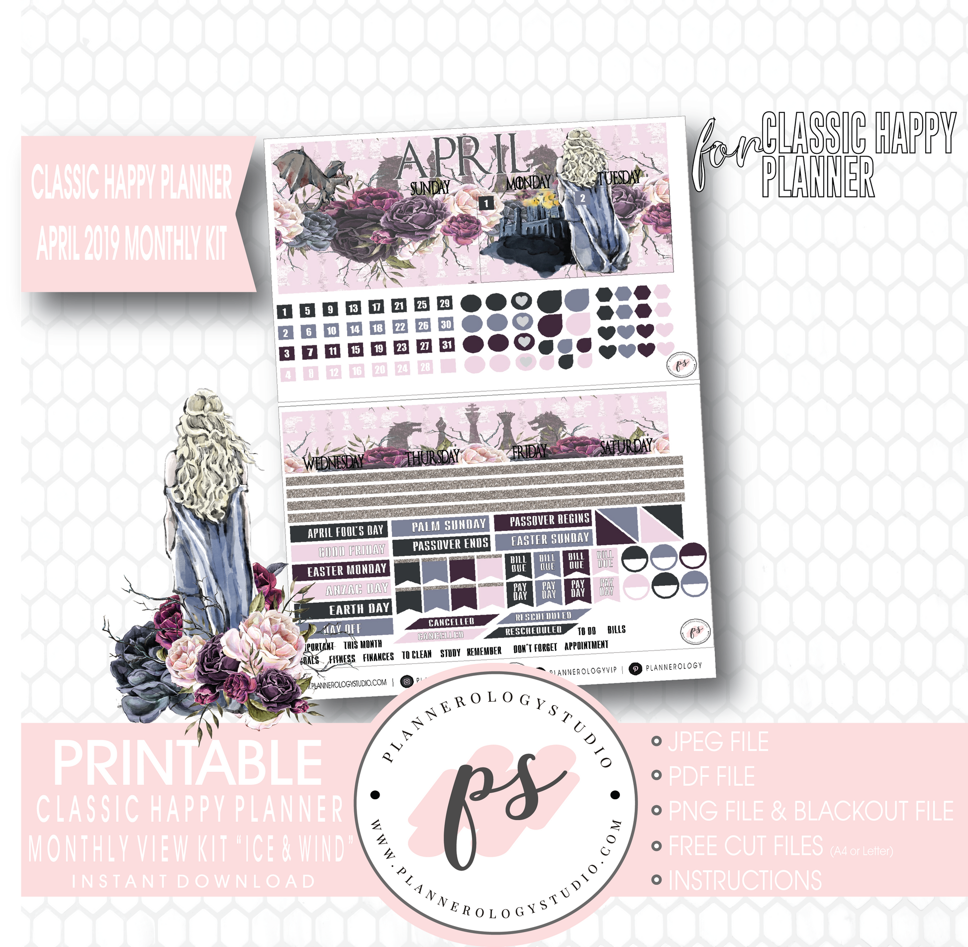 Ice & Wind (Game of Thrones) April 2019 Monthly View Kit Digital Printable Planner Stickers (for use with Classic Happy Planner) - Plannerologystudio