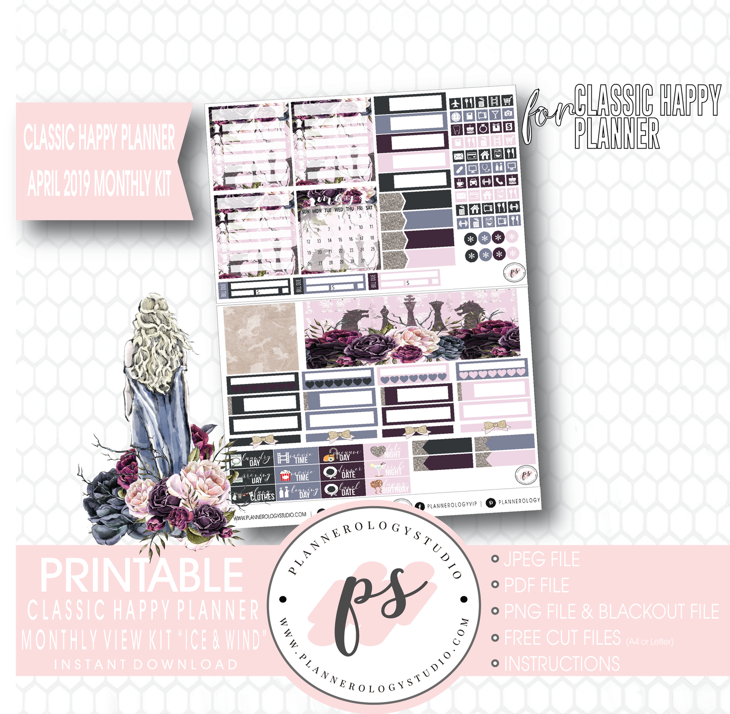 Ice & Wind (Game of Thrones) April 2019 Monthly View Kit Digital Printable Planner Stickers (for use with Classic Happy Planner) - Plannerologystudio