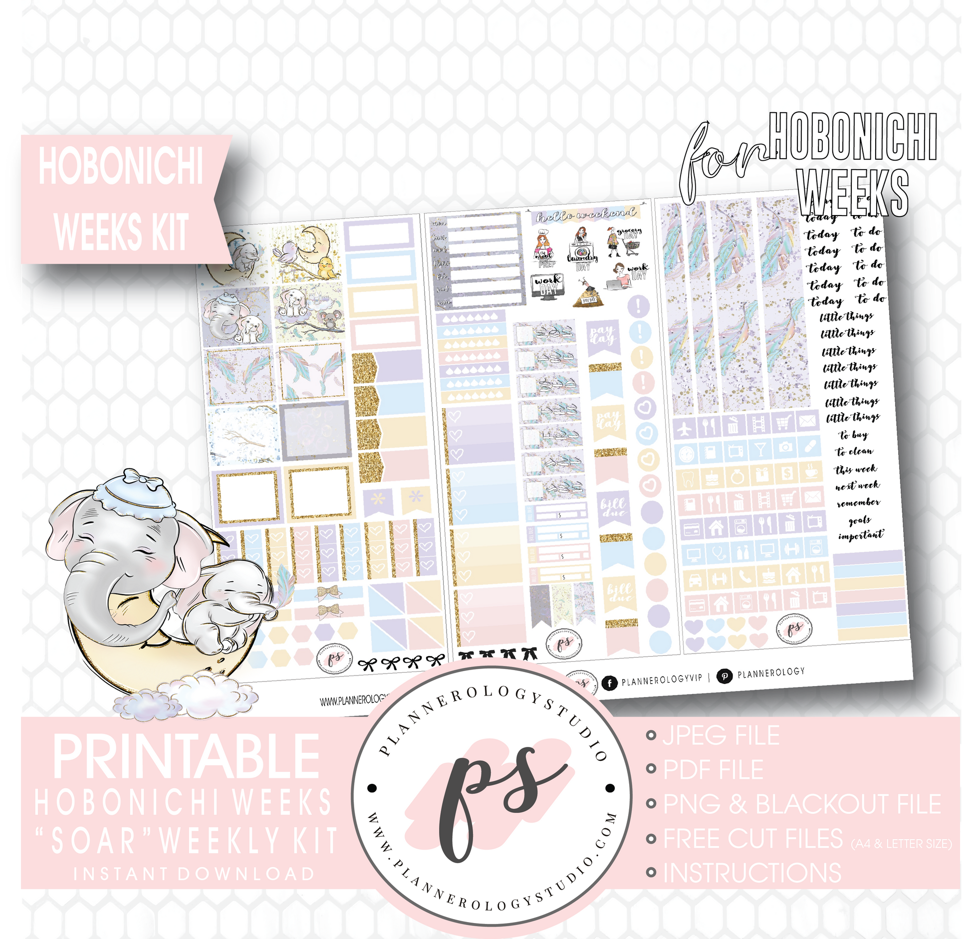 Soar (Dumbo) Weekly Kit Printable Digital Planner Stickers (for use with Hobonichi Weeks) - Plannerologystudio