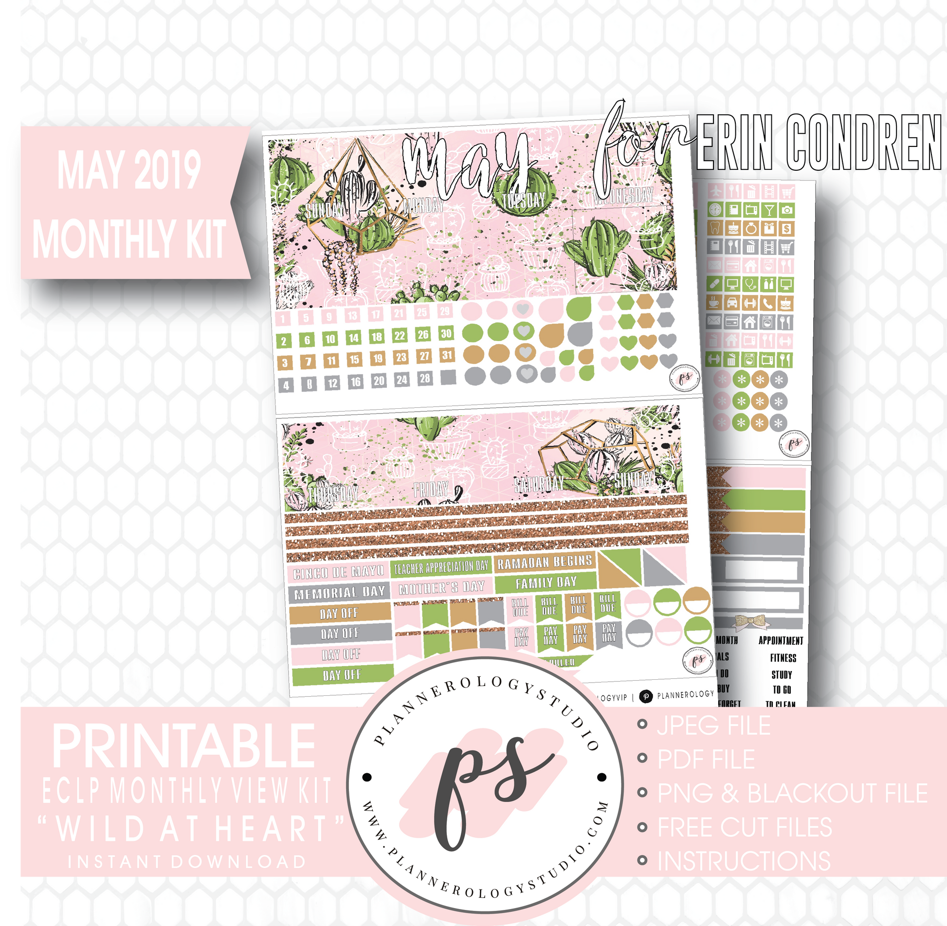 Wild at Heart May 2019 Monthly View Kit Digital Printable Planner Stickers (for use with Erin Condren) - Plannerologystudio