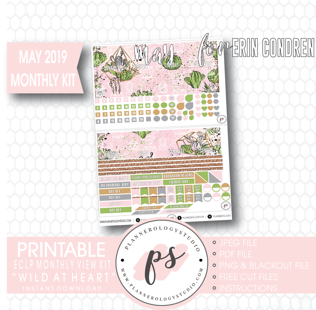 Wild at Heart May 2019 Monthly View Kit Digital Printable Planner Stickers (for use with Erin Condren) - Plannerologystudio