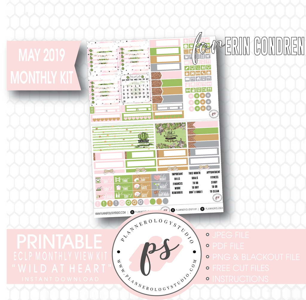 Wild at Heart May 2019 Monthly View Kit Digital Printable Planner Stickers (for use with Erin Condren) - Plannerologystudio