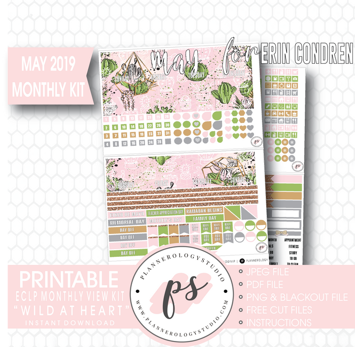 Wild at Heart May 2019 Monthly View Kit Digital Printable Planner Stickers (for use with Erin Condren) - Plannerologystudio