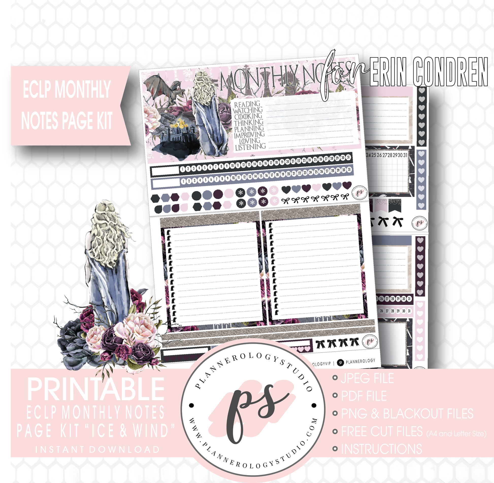 Ice & Wind (Game of Thrones) Monthly Notes Page Kit Digital Printable Planner Stickers (for use with Erin Condren) - Plannerologystudio