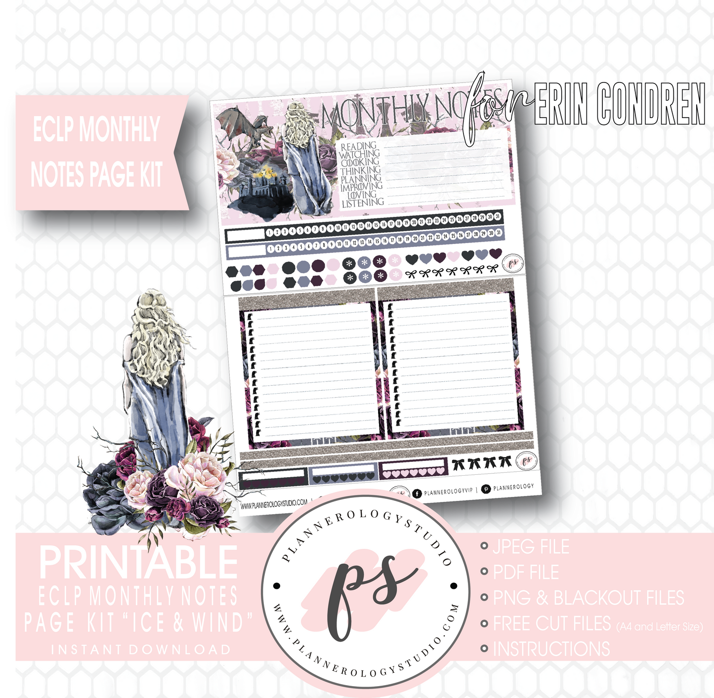 Ice & Wind (Game of Thrones) Monthly Notes Page Kit Digital Printable Planner Stickers (for use with Erin Condren) - Plannerologystudio
